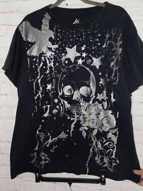 Black Graphic Skull Tee with Silver Stars & Roses Cyber Grunge Mall Goth